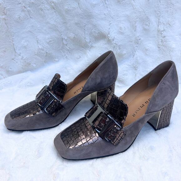 Donald Pliner Caresse Old Money Career Block Heel Metallic Leather Suede Loafers - Picture 2 of 7